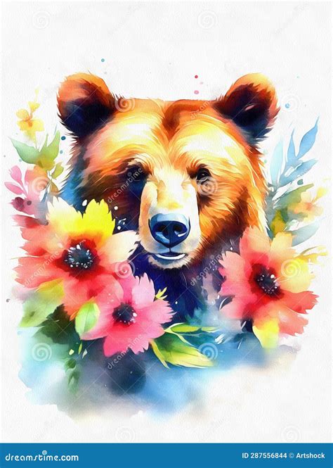 Grizzly Bear Portrait With Flowers Ai Watercolor Stock Illustration
