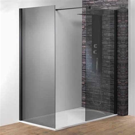 genesis 8mm smoked glass black frame shower wall with easy clean glass qualitex