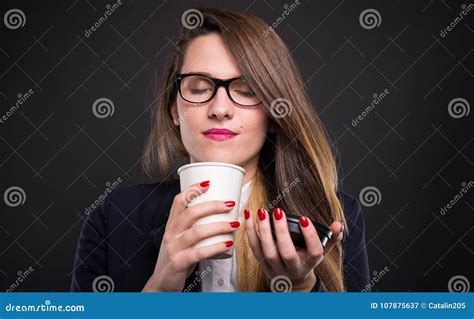 Portrait Of Young Businesswoman Holding Coffee Stock Image Image Of Business Lady 107875637