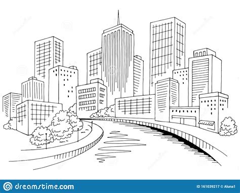 City River Graphic Black White Cityscape Skyline Sketch Illustration
