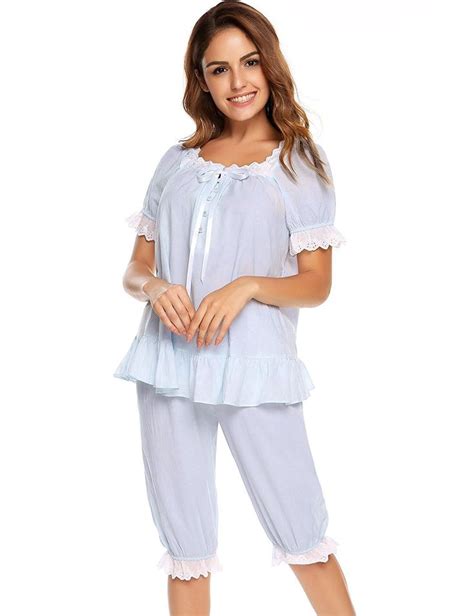 Womens Cotton Pajama Set Victorian Vintage Pj Sleepwear With Short