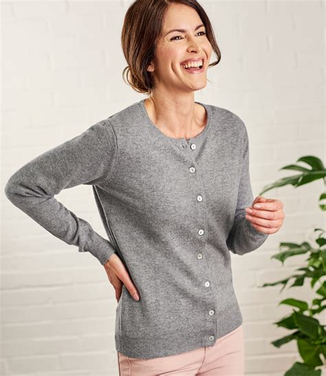 Flannel Grey Womens Cashmere And Merino Luxurious Crew Neck Cardigan