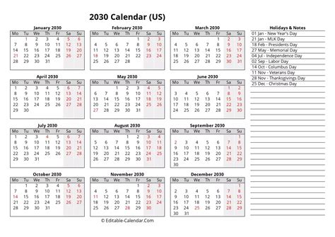 Download Editable Calendar Template 2030 With Us Holidays Monday Start