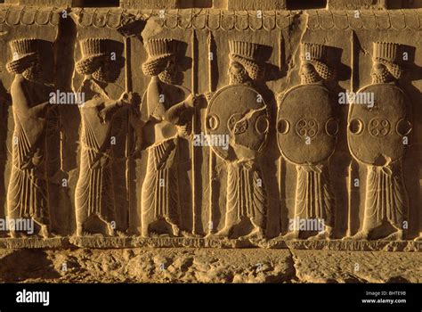 Relief Sculpture Of Soldiers At Apadana Palace Persepolis Iran Stock