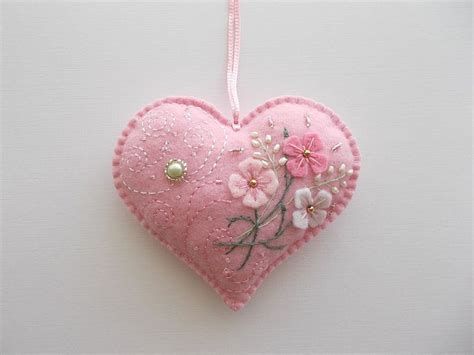 Heart Ornament Pink Felt Heart Hanging With Hand Embroidered Felt