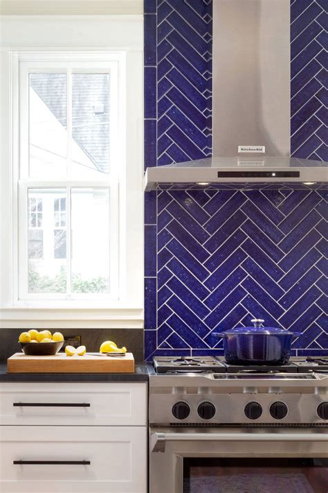 Transitional Kitchen With Ultimate Blue Ceramic Herringbone Backsplash