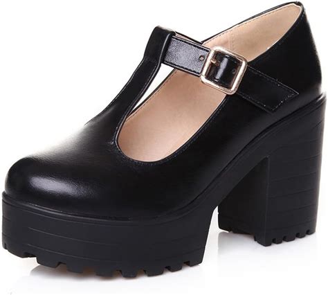 Susanny Pu Round Toe Platform Shoes Womens Chunky High Heel Waterproof T Strap Mary Jane Black