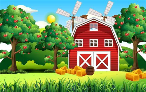 Farm Scene With Red Barn And Windmill 2036302 Vector Art At Vecteezy