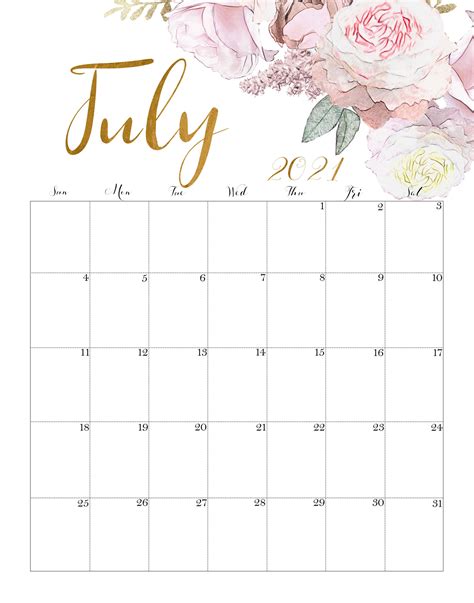 Floral July 2021 Calendar Printable Cute Designs