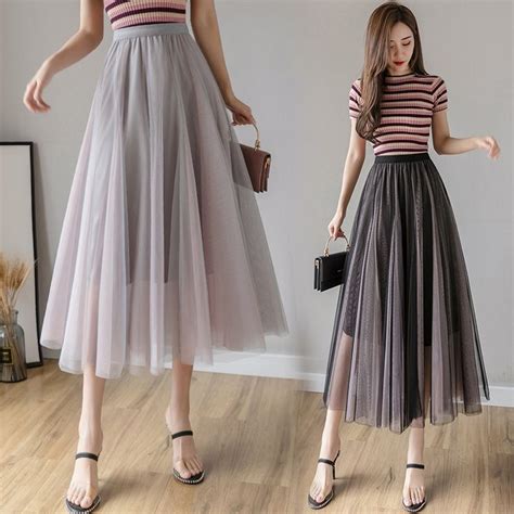 Korean Fashion Mesh Skirts Womens Lace Skirt Elegant Women High Waist