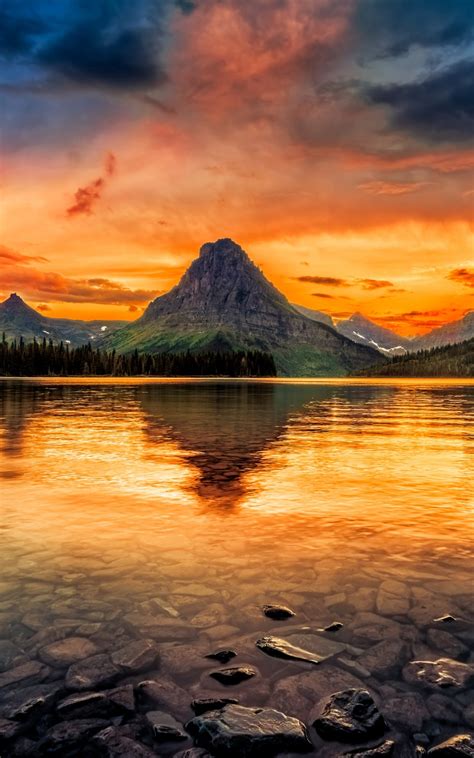 Earth Glacier National Park Sunset Mountain Reflection Nature Lake