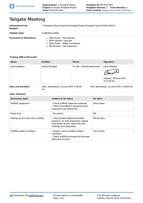 Tailgate Meeting Form Template Free To Use And Customise