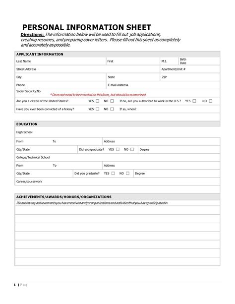 Personal Data Sheet Form Printable Printable Forms Free Online