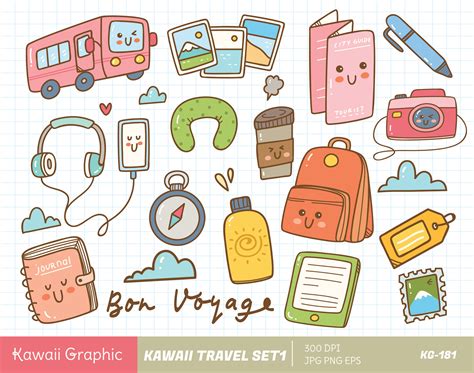 Kawaii Doodle Travel Set Clipart Cute Vector Clipart Digital Download