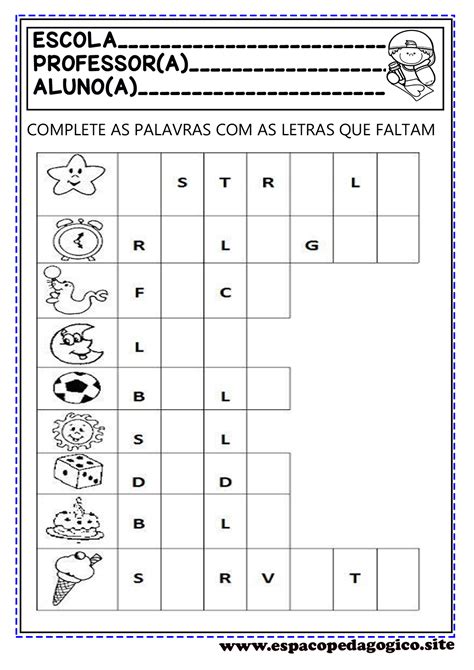 ATIVIDADES DE ALFABETIZAÇÃO PARA IMPRIMIR COMPLETANDO LETRAS QUE FALTAM