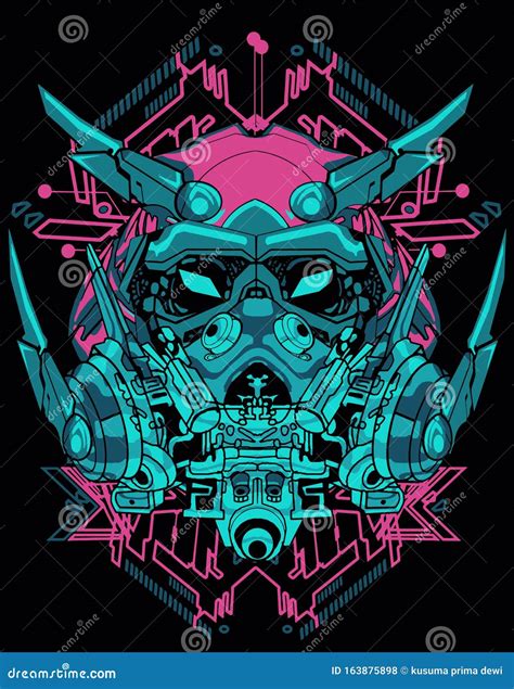 Robot Samurai Helmet Cyberpunk Background For T Shirt Poster Sticker