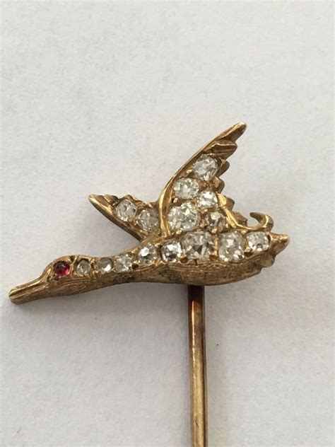 victorian 14 kt gold antique diamond ruby duck in flight stick pin signed mm antique diamond