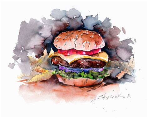 Burger Picture Original Watercolor Painting Cheeseburger Draw Etsy