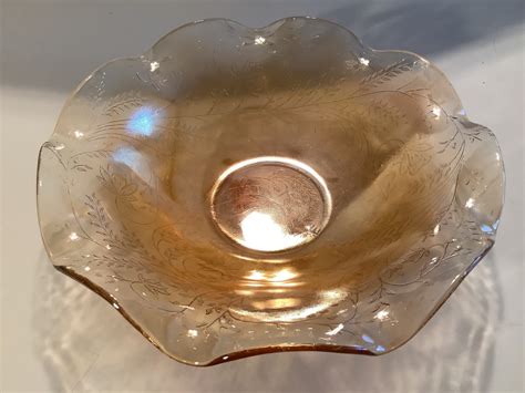 Vintage Jeannette Glass Floragold Louisa Pattern Carnival Glass Serving Bowl With A Ruffled Edge