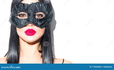 Beauty Glamour Brunette Woman Portrait Girl Wearing Carnival Black Feather Mask Party Stock