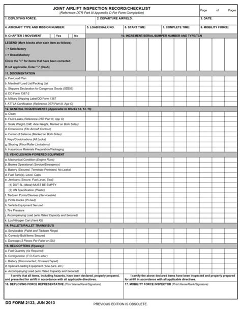 Dd Form 2133 Joint Airlift Inspection Recordchecklist Dd Forms