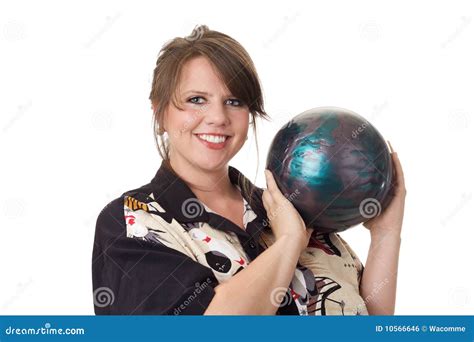 Young Happy Woman Holding Bowling Ball Stock Photo Image Of Blue