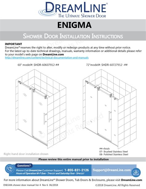 Dreamline Enigma Shdr 60607912 Series Installation Instructions Manual