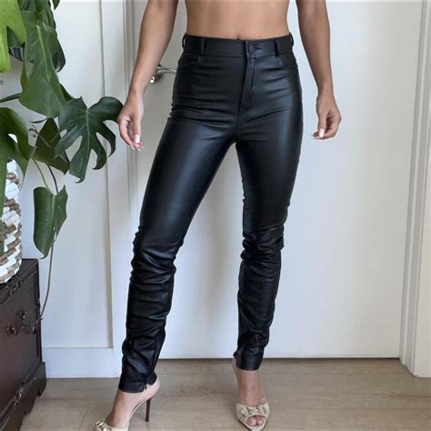 Zara Faux Leather Wet Look Black High Waisted Skinny Depop