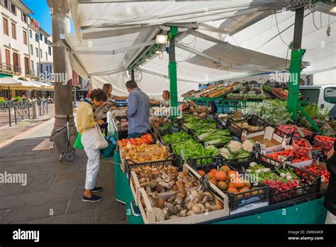 Padua Market View In Summer Of People Buying Fruit And Vegetables In The Daily Market In The