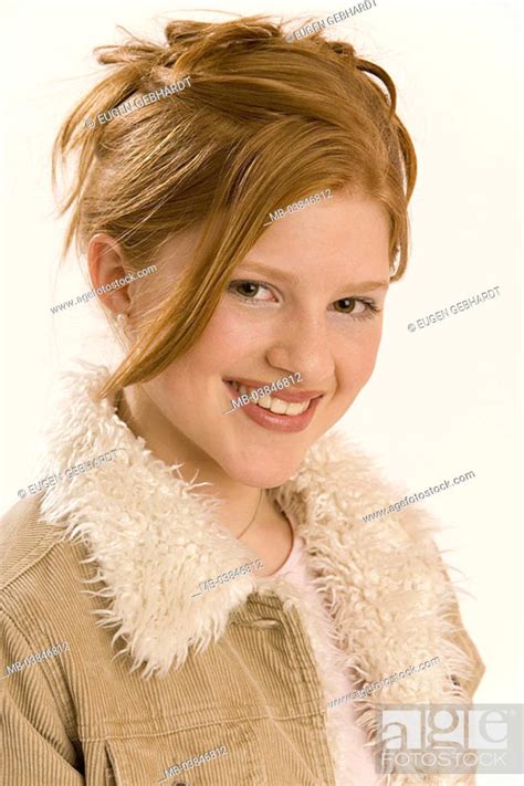 Girls Red Hairy Gaze Camera Smiles Portrait Series People 10 15 Years 13 Years