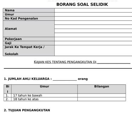 Borang Soal Selidik Kerja Lapangan / Tugasan Geografi Tingkatan 3