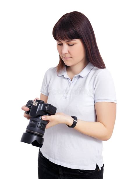 Portrait Of Female Photographer Or Videographer Watching Video Or