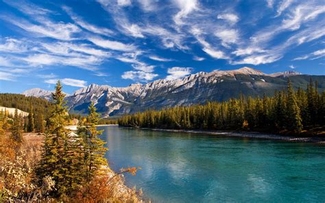 Autumn Forest The Sky Snow Trees Mountains Lake Spruce Hd