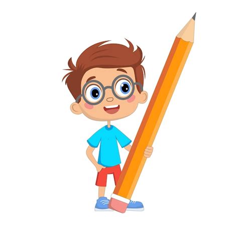 Premium Vector Young Boy Holding A Big Pencil Vector Illustration