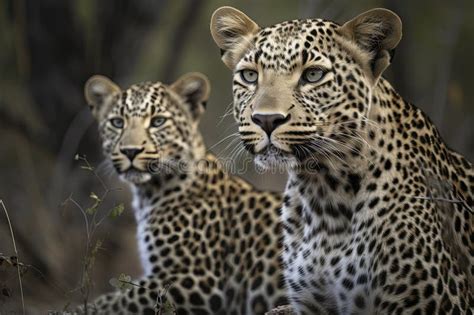 A Female Leopard And Her Cub Seen On A Safari In South Africa Stock