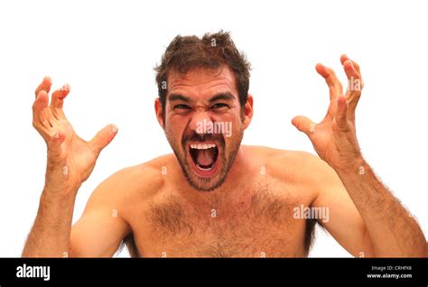 Man Yelling With Hands In Air On A White Background Stock Photo Alamy