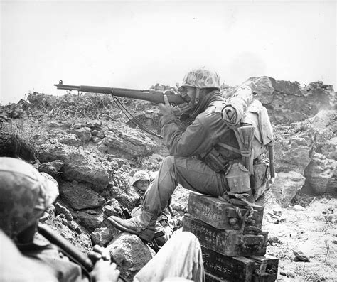 1945 Iwo Jima A Us Marine Takes Aim His M1 Garand Sitting On