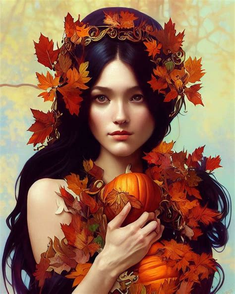 A Woman With Long Hair Holding A Pumpkin Surrounded By Autumn Leaves