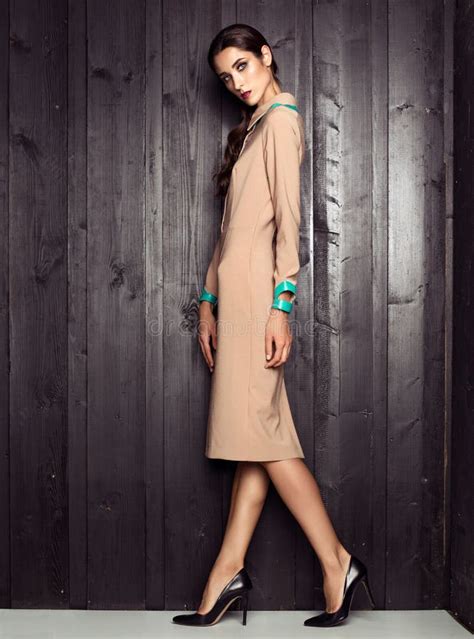 Fashion Model Wearing Designer Dress Posing On Wood Background Stock
