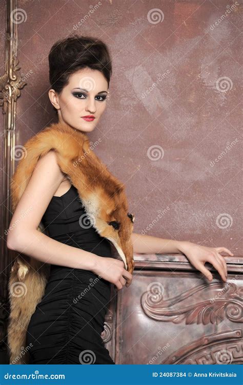 Brunette With A Fox Pelt Stock Photo Image Of Coat Background 24087384