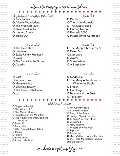I'm trying to fill up space for the description to publish it. Disney Movie Countdown Checklist - Dream Plan Fly