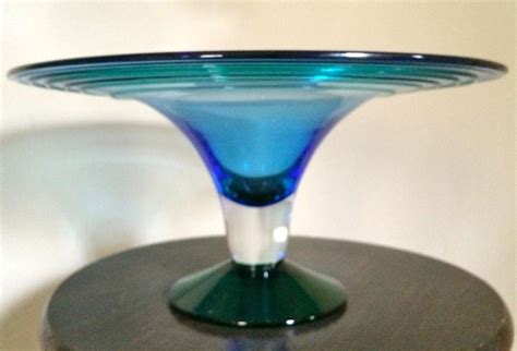 Richard Blenko 2000 Signed Art Glass Pedestal Bowl Blue W Green 14 1 4 1791898667
