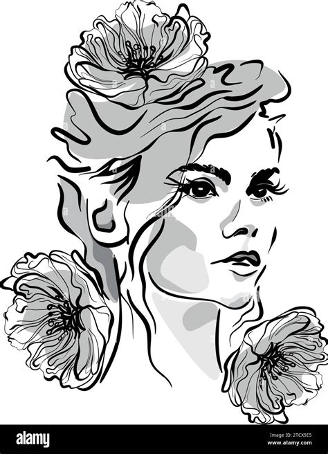 Woman With Poppy Flowers In Line Art Style Vector Illustration Stock