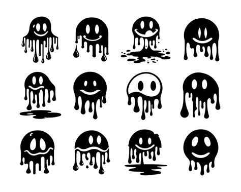 Hand Drawn Melting Smiley Faces Silhouette Set Doodle Drawings Funny
