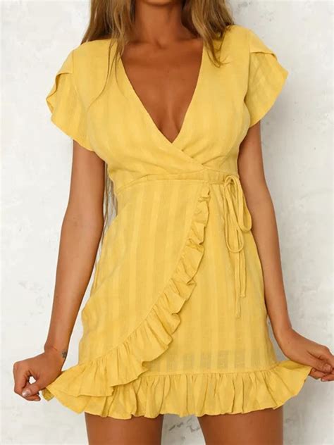 Yellow Chiffon V Neck Tie Waist Ruffle Trim Chic Women Mini Dress Choies