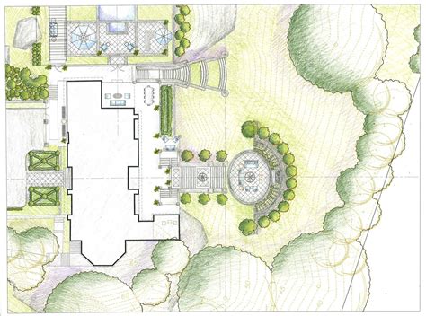 Landscaping plans show the location of various species of plantings, ground cover, lawns, benches. art, drawing, rendering, colored pencil, landscape, garden ...