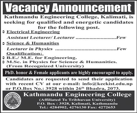 The total vacancies released have increased from 250 to 466. Few Asst. Lecturer/Lecturer Jobs Vacancy @ Kathmandu ...