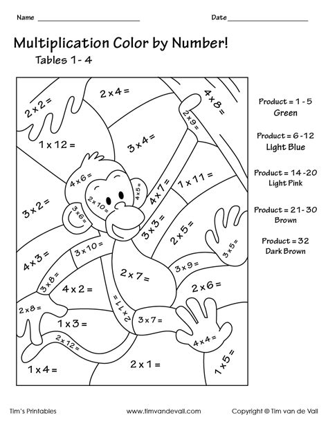 Numbers 1 Through 10 Multiplication Coloring Worksheets