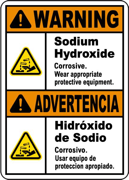 Bilingual Warning Sodium Hydroxide Corrosive Sign Save 10