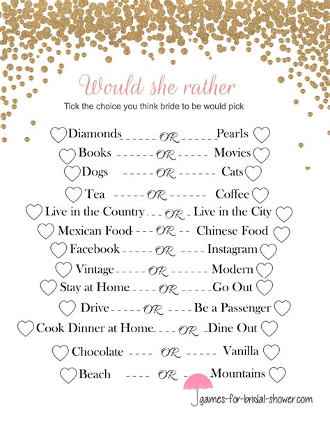 Free Printable Would She Rather Bridal Shower Game Free Printable
